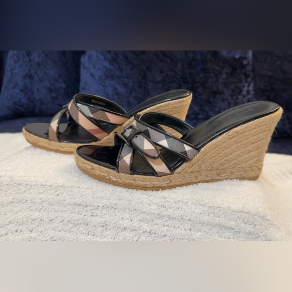 Burberry Black and Tan Plaid Wedge Sandals - Picture 5 of 12